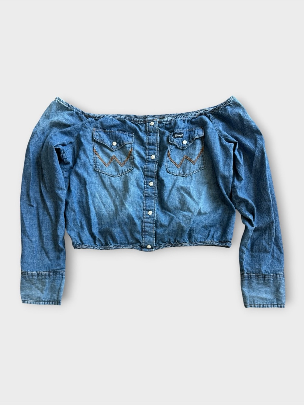 Wrangler Retro Medium Blue Off-Shoulder Cropped 100% Cotton Denim Top | Large